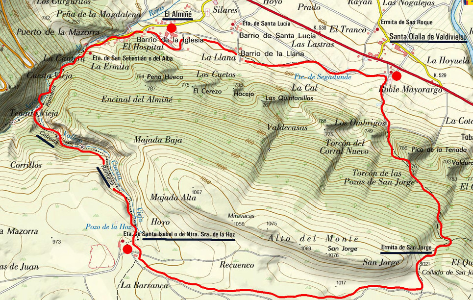 Mapa topográfico calzada romana El Almiñé